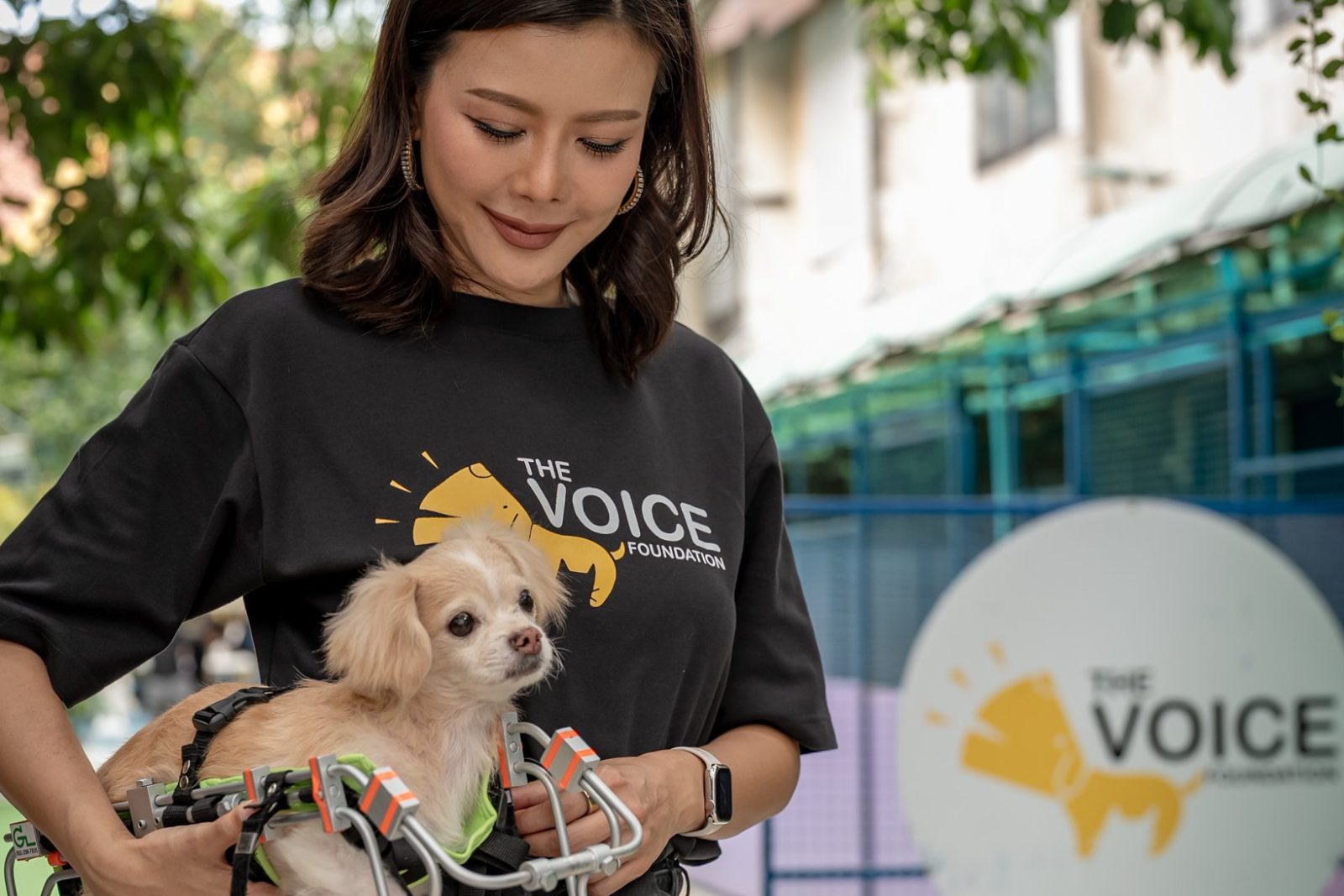 Kae at The Voice Foundation, holding a small dog in a wheelchair